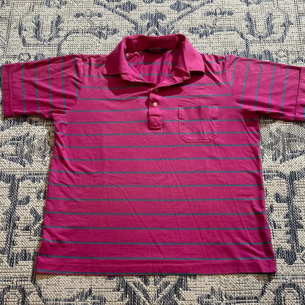 True Vintage 1970's Striped Polo Button Up Pink and Blue Shirt Faded SZ L